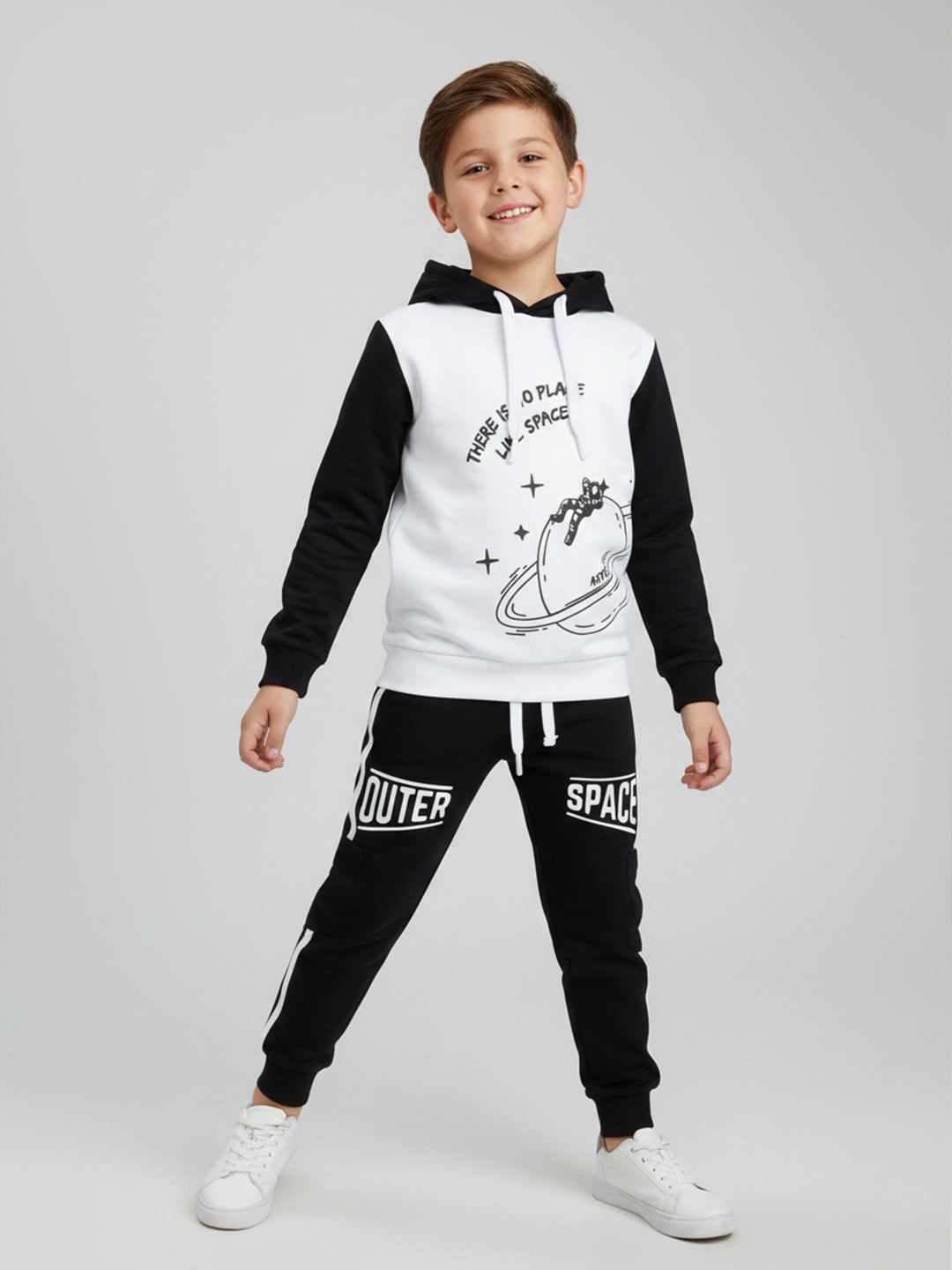 Polka Tots Full sleeve Space Graphic Hooded Sweatshirt & Co-ord Jogger Set - Black & White