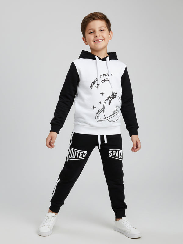 Polka Tots Full sleeve Space Graphic Hooded Co-ord Jogger Set - Black & White