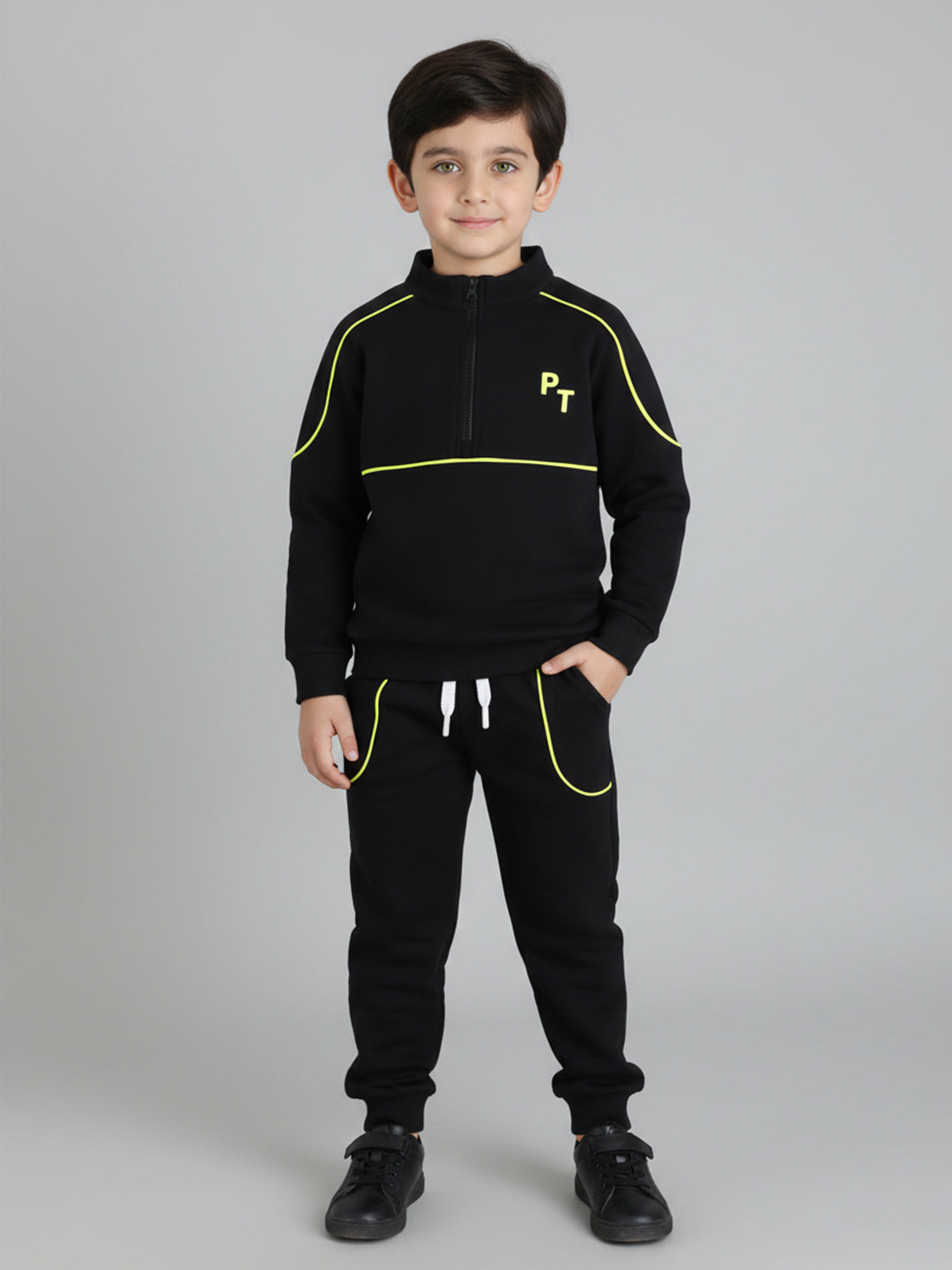 Polka Tots Full Sleeve Neon Piping “Cool Kids Club” Sweatshirt & Co-ord Jogger Set – Black