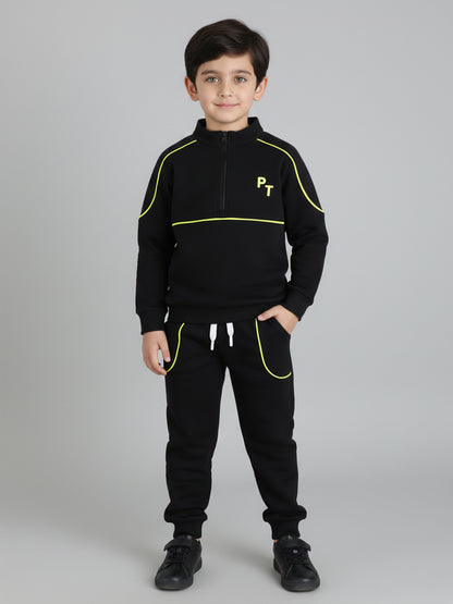 Polka Tots Full Sleeve Neon Piping “Cool Kids Club” Sweatshirt & Co-ord Jogger Set – Black