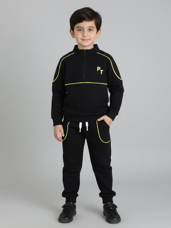Polka Tots Full Sleeve Neon Piping “Cool Kids Club” Co-ord Jogger Set – Black