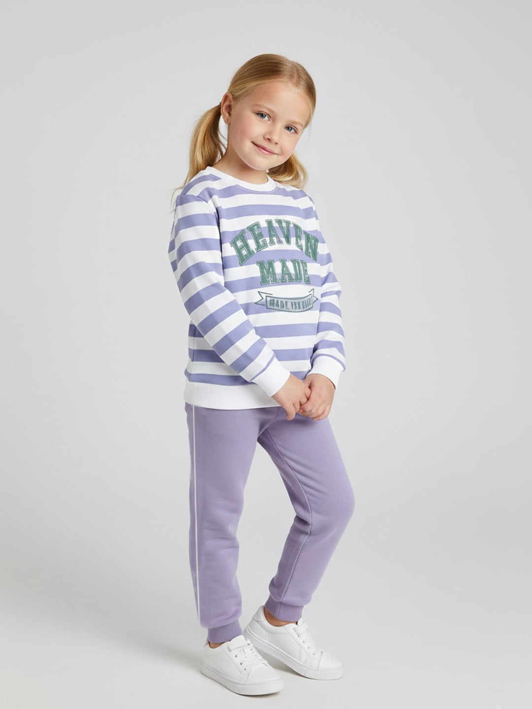 Polka Tots Full sleeve Striped Graphic Sweatshirt & Co-ord Jogger Set - Lilac & White