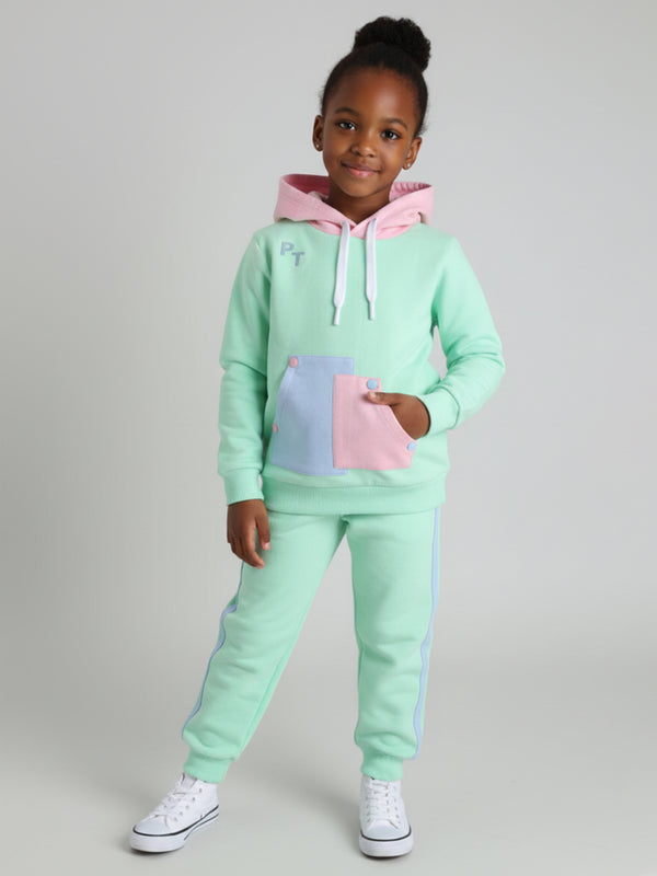 Polka Tots Full sleeve Colorblock Hooded Co-ord Jogger Set - Mint Green