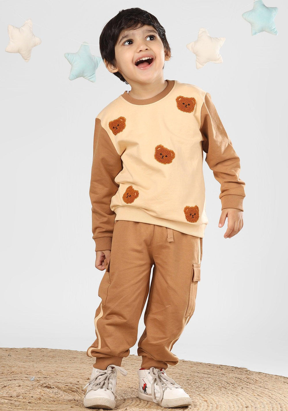 Polka Tots Full Sleeve Bear Print Co-ord set - Brown