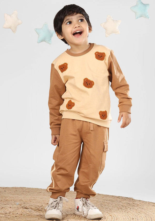 Polka Tots Full Sleeve Bear Print Co-ord set - Brown