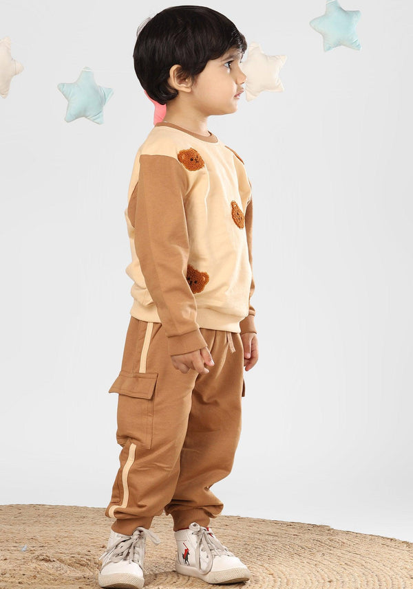 Polka Tots Full Sleeve Bear Print Co-ord set - Brown