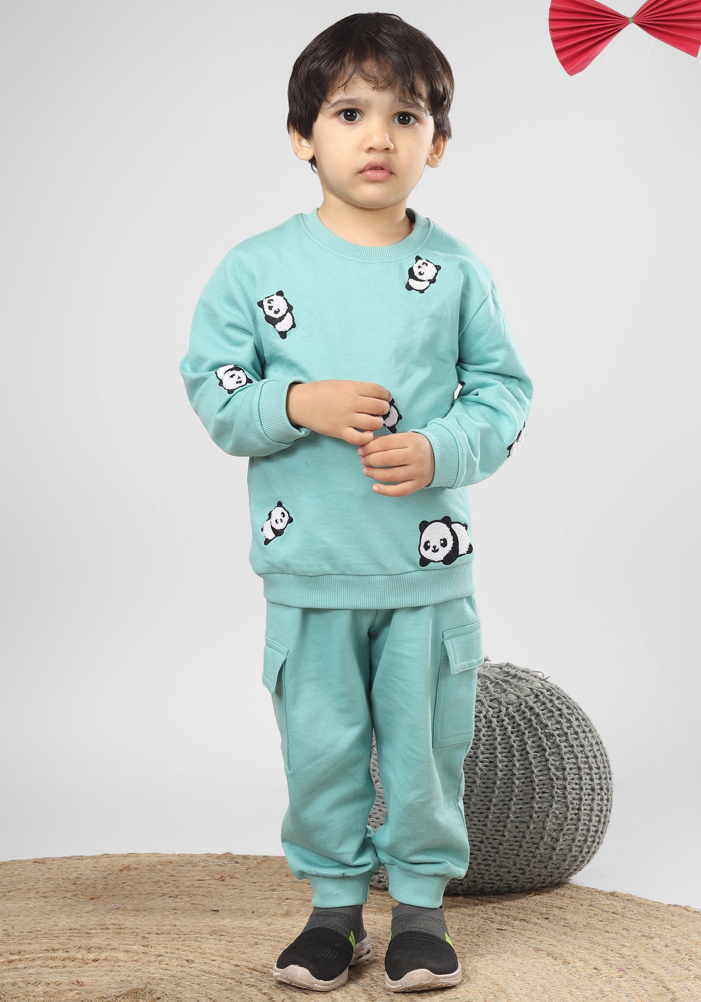 Polka Tots Full Sleeve Panda Print Co-ord set - Sea Green