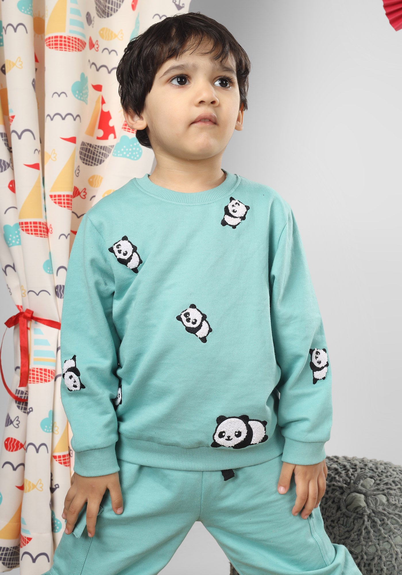 Polka Tots Full Sleeve Panda Print Co-ord set - Sea Green