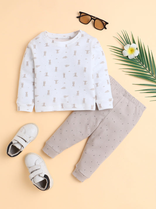 Polka Tots Full Sleeve Bear Print Cotton Co-ord Jogger Set – White
