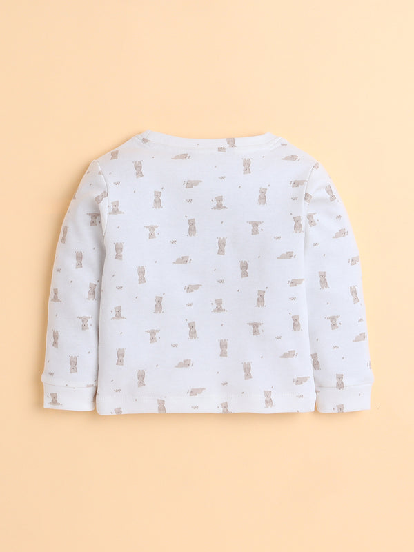 Polka Tots Full Sleeve Bear Print Cotton Co-ord Jogger Set – White
