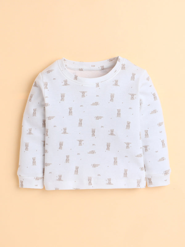 Polka Tots Full Sleeve Bear Print Cotton Co-ord Jogger Set – White