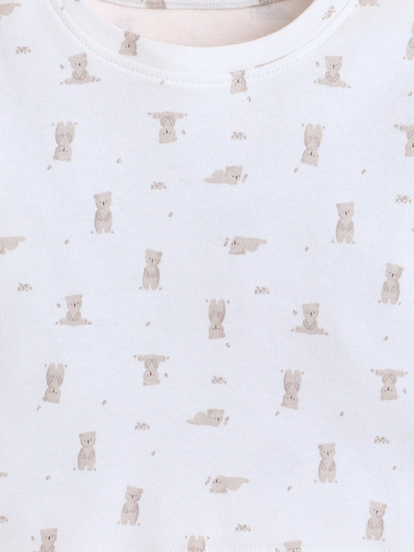 Polka Tots Full Sleeve Bear Print Cotton Co-ord Jogger Set – White