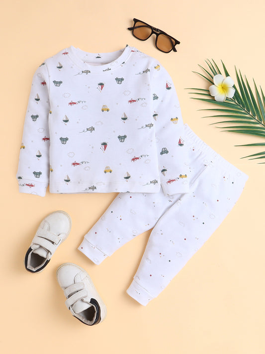 Polka Tots Full Sleeve Sky Adventure Print Cotton Co-ord Jogger Set – White
