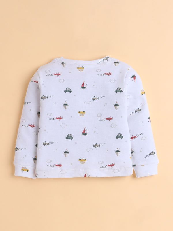 Polka Tots Full Sleeve Sky Adventure Print Cotton Co-ord Jogger Set – White