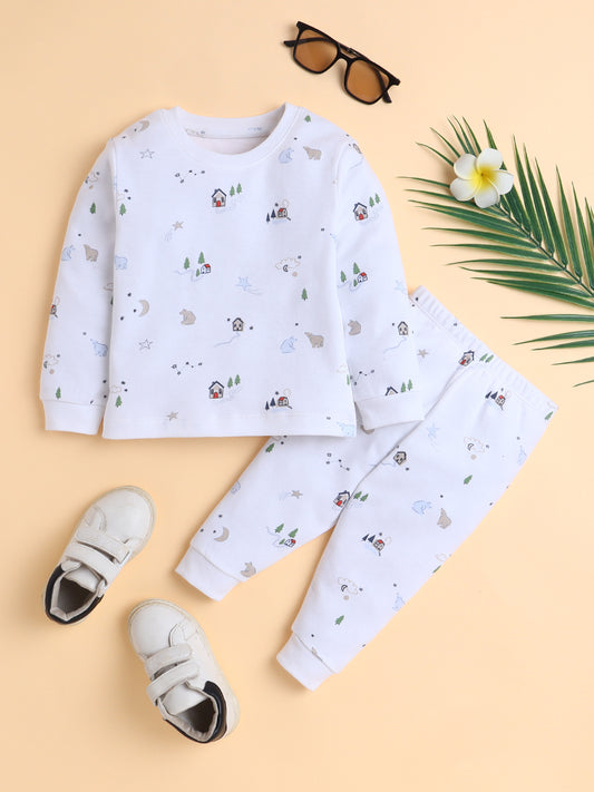 Polka Tots Full Sleeve Winter print Co-ord Joggers - White