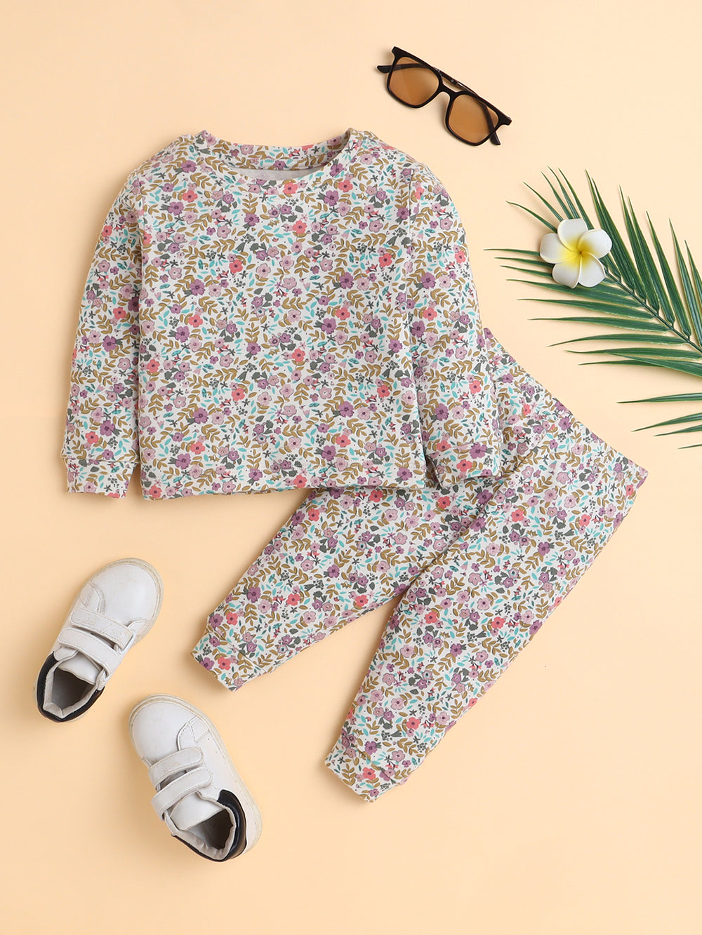 Polka Tots Full Sleeve Blossom Garden Print Cotton Co-ord Jogger Set – Purple