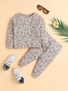Polka Tots Full Sleeve Blossom Garden Print Cotton Co-ord Jogger Set – Purple