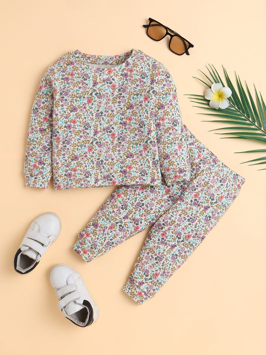 Polka Tots Full Sleeve Blossom Garden Print Cotton Co-ord Jogger Set – Purple