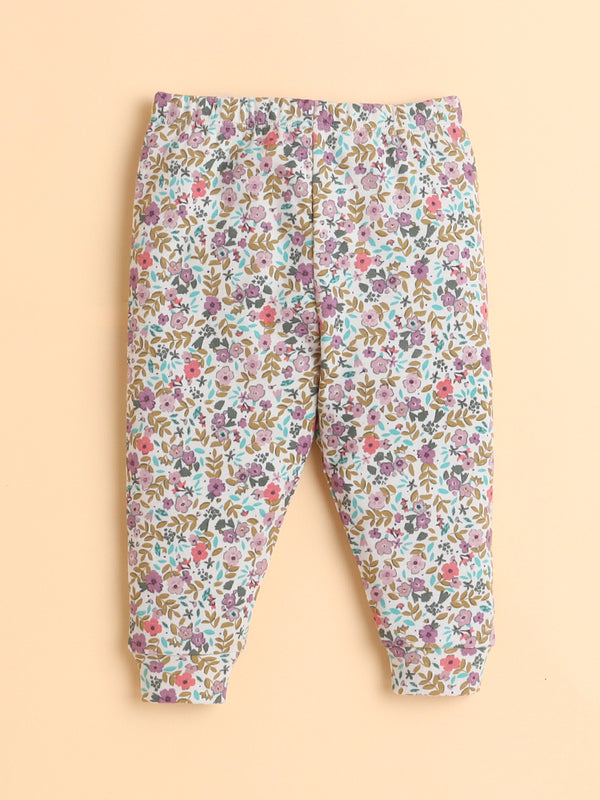 Polka Tots Full Sleeve Blossom Garden Print Cotton Co-ord Jogger Set – Purple