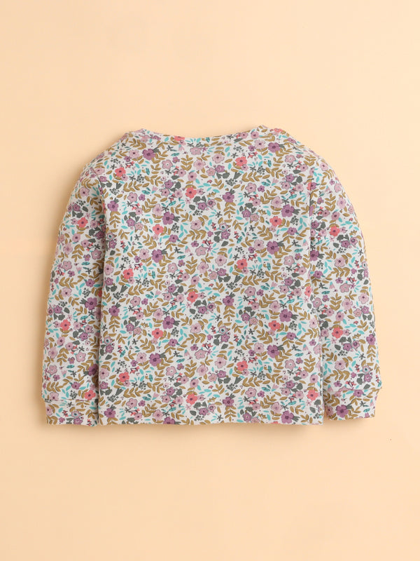 Polka Tots Full Sleeve Blossom Garden Print Cotton Co-ord Jogger Set – Purple