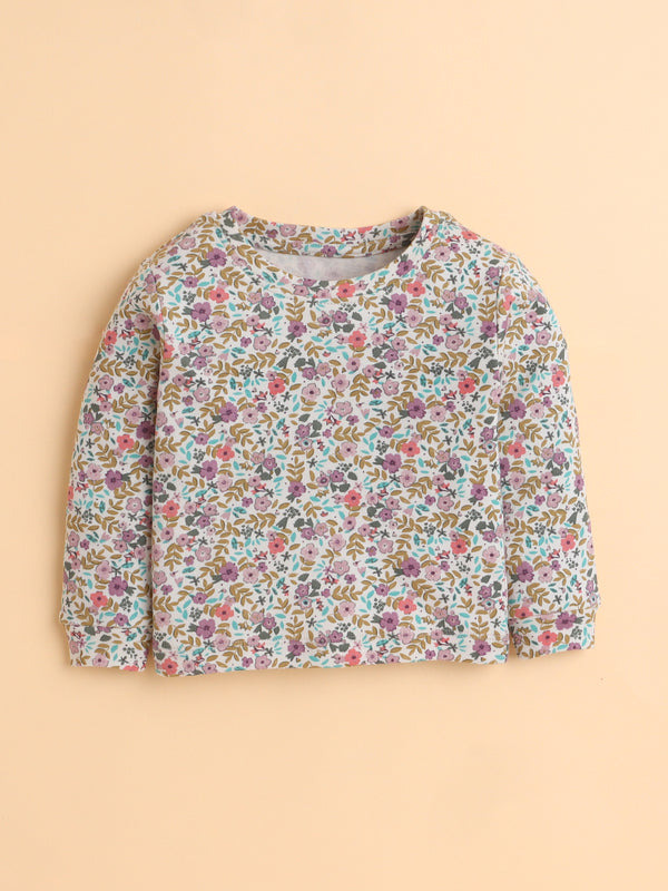 Polka Tots Full Sleeve Blossom Garden Print Cotton Co-ord Jogger Set – Purple