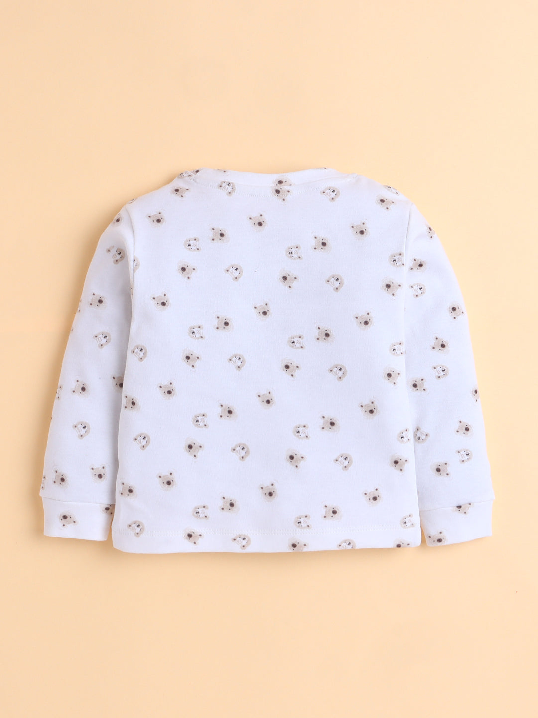 Polka Tots Full Sleeve Teddy Bear Print Cotton Co-ord Jogger Set – White