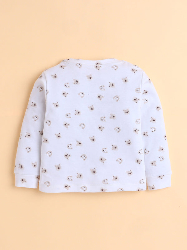 Polka Tots Full Sleeve Teddy Bear Print Cotton Co-ord Jogger Set – White