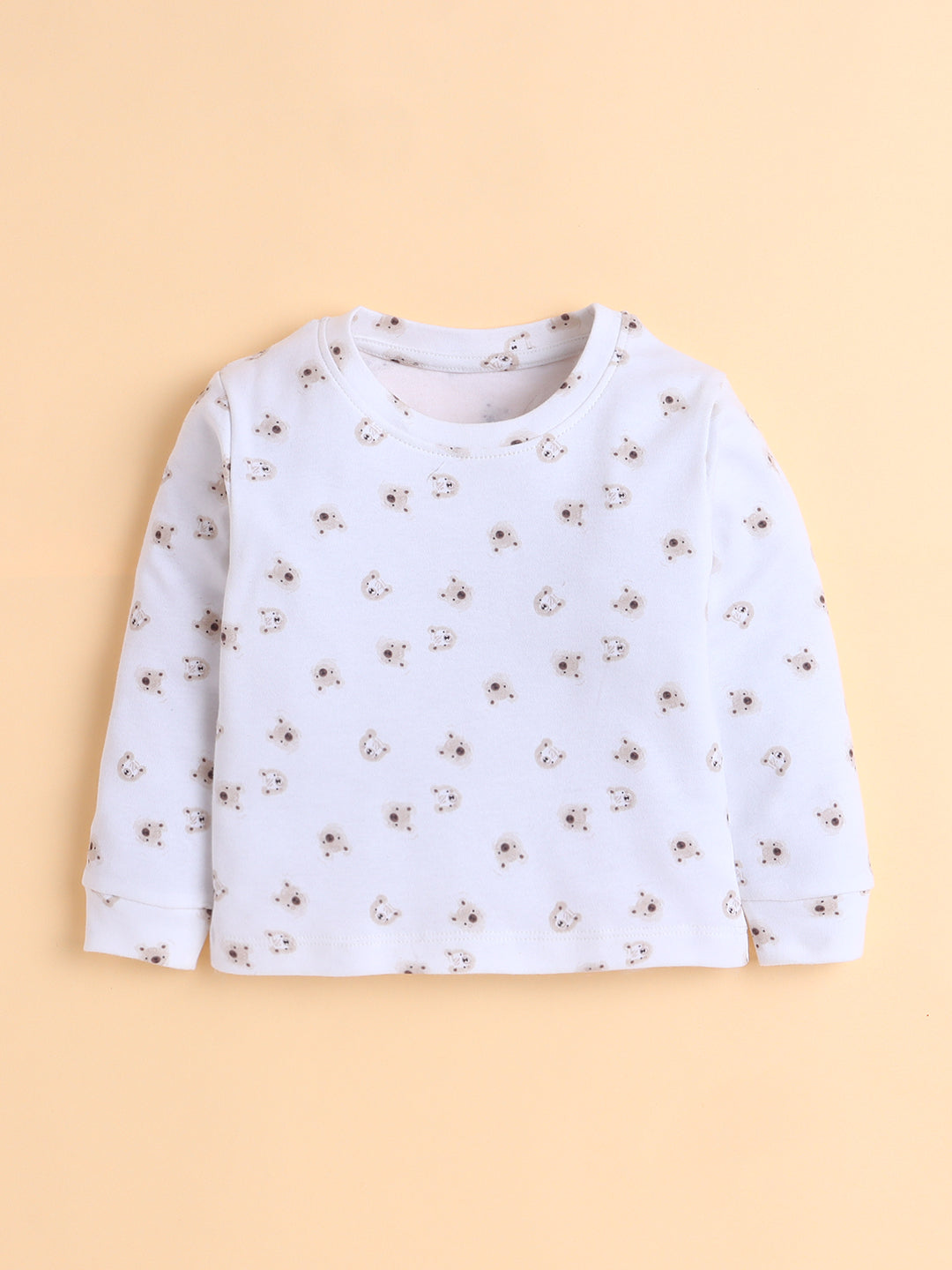 Polka Tots Full Sleeve Teddy Bear Print Cotton Co-ord Jogger Set – White