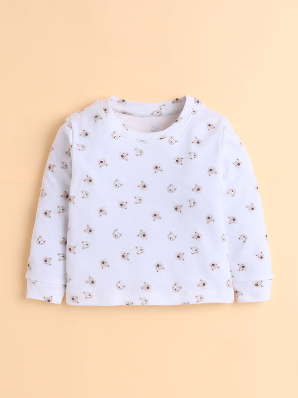 Polka Tots Full Sleeve Teddy Bear Print Cotton Co-ord Jogger Set – White