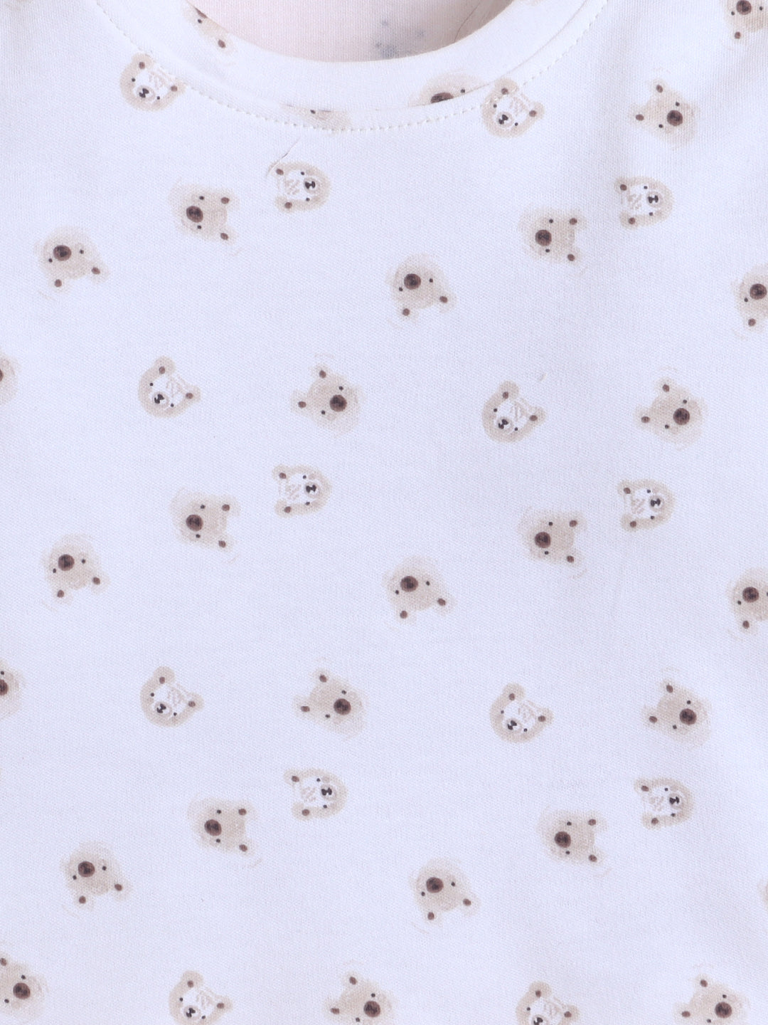 Polka Tots Full Sleeve Teddy Bear Print Cotton Co-ord Jogger Set – White