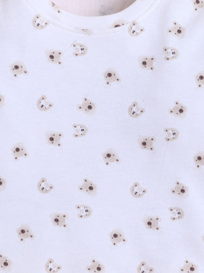 Polka Tots Full Sleeve Teddy Bear Print Cotton Co-ord Jogger Set – White