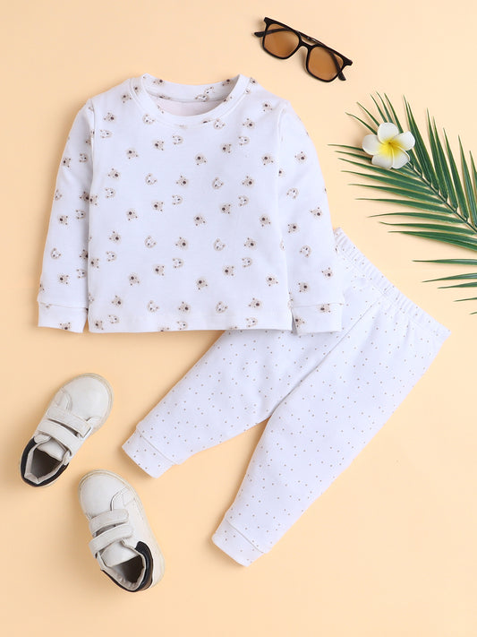 Polka Tots Full Sleeve Teddy Bear Print Cotton Co-ord Jogger Set – White