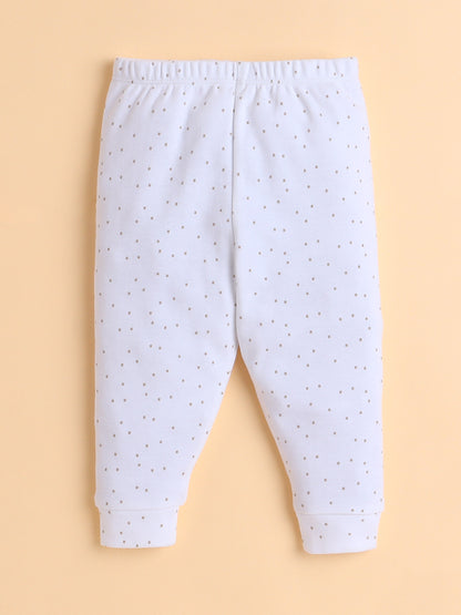 Polka Tots Full Sleeve Teddy Bear Print Cotton Co-ord Jogger Set – White