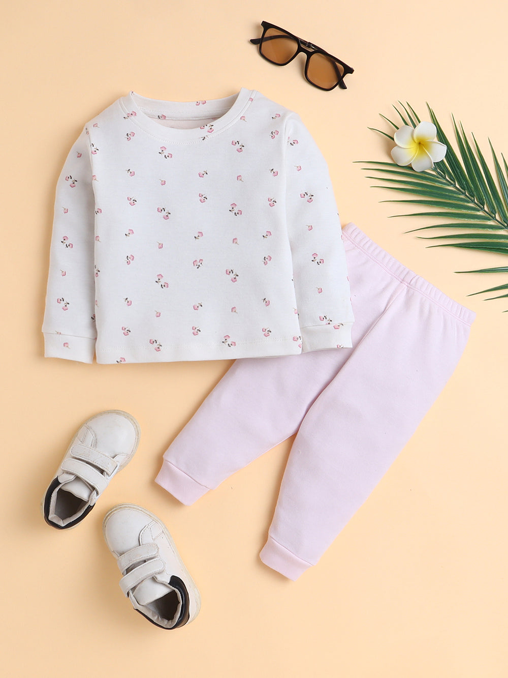 Polka Tots Full Sleeve Flower Print Cotton Co-ord Jogger Set – Pink