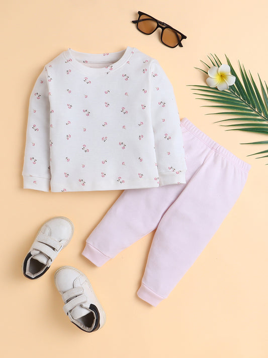 Polka Tots Full Sleeve Flower Print Cotton Co-ord Jogger Set – Pink