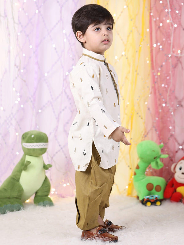 Polka Tots Full Sleeve Christmas tree Embroidery Kurta With Dhoti Set - Brown