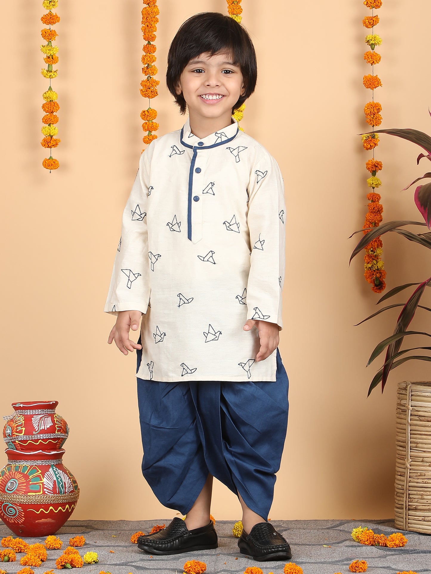 Polka Tots Full Sleeve Origami print Kurta With Dhoti Set - Blue