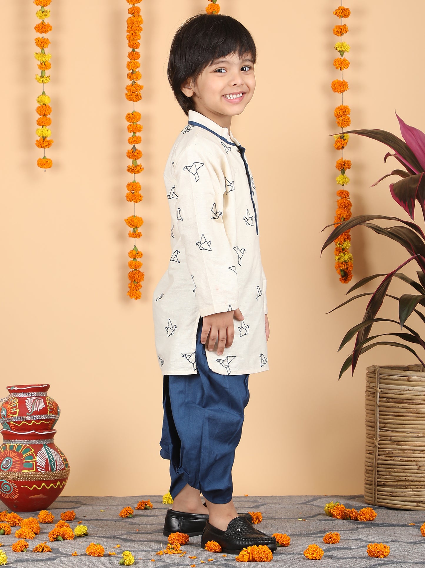 Polka Tots Full Sleeve Origami print Kurta With Dhoti Set - Blue