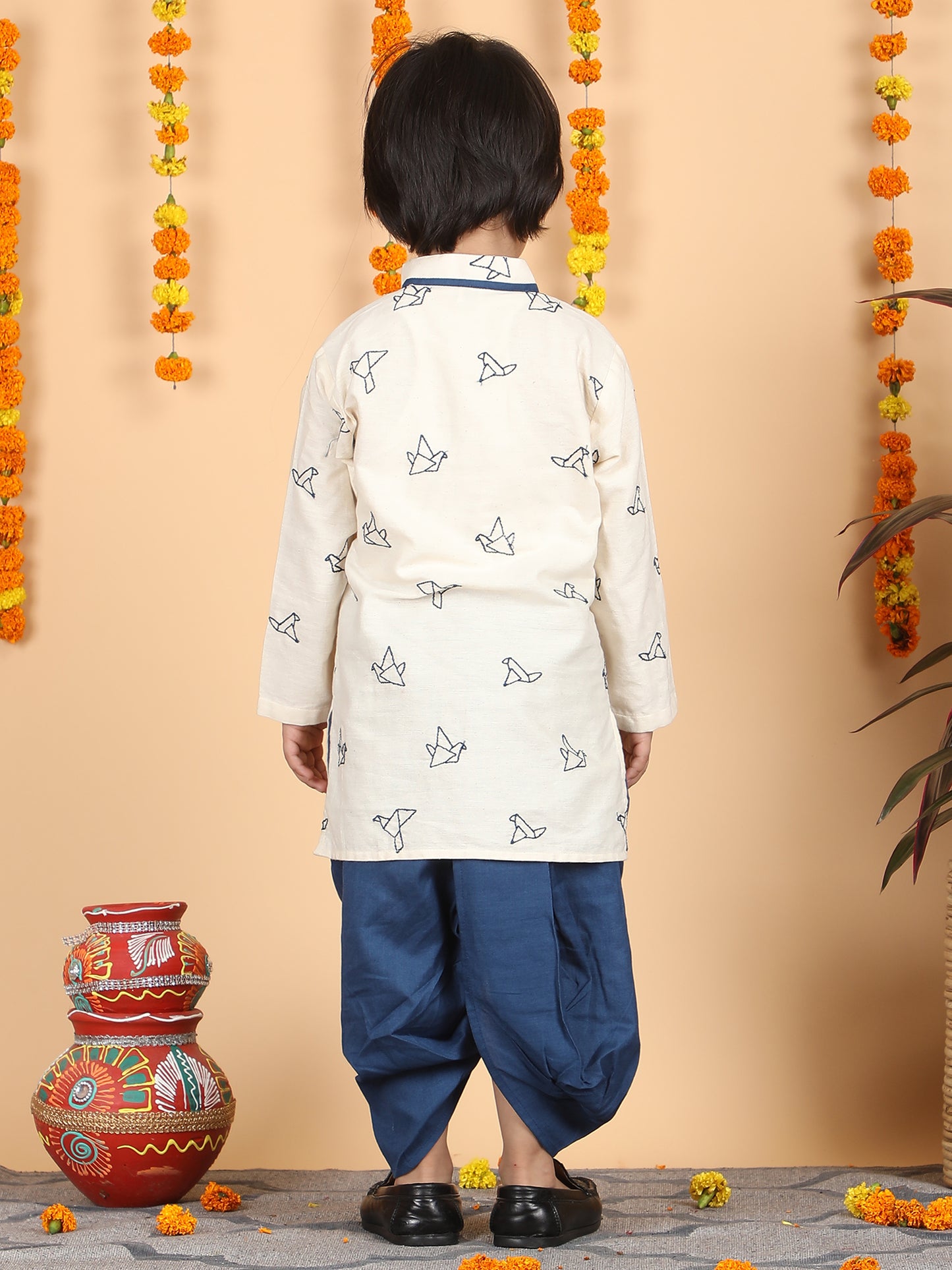 Polka Tots Full Sleeve Origami print Kurta With Dhoti Set - Blue