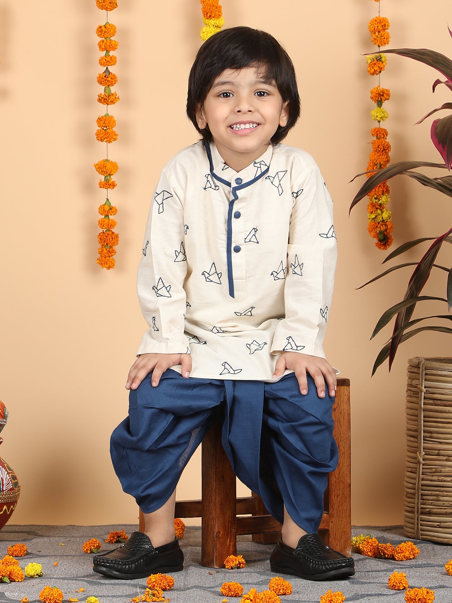 Polka Tots Full Sleeve Origami print Kurta With Dhoti Set - Blue