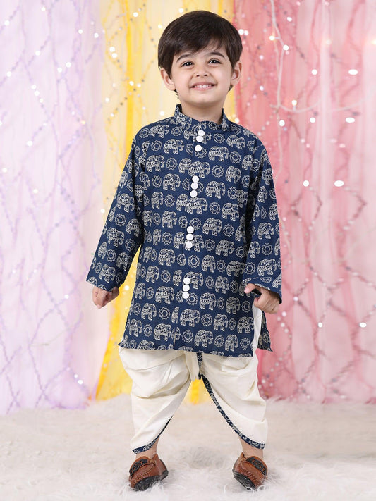 Polka Tots Full Sleeve Elephant print Kurta With Dhoti Set - Navy Blue