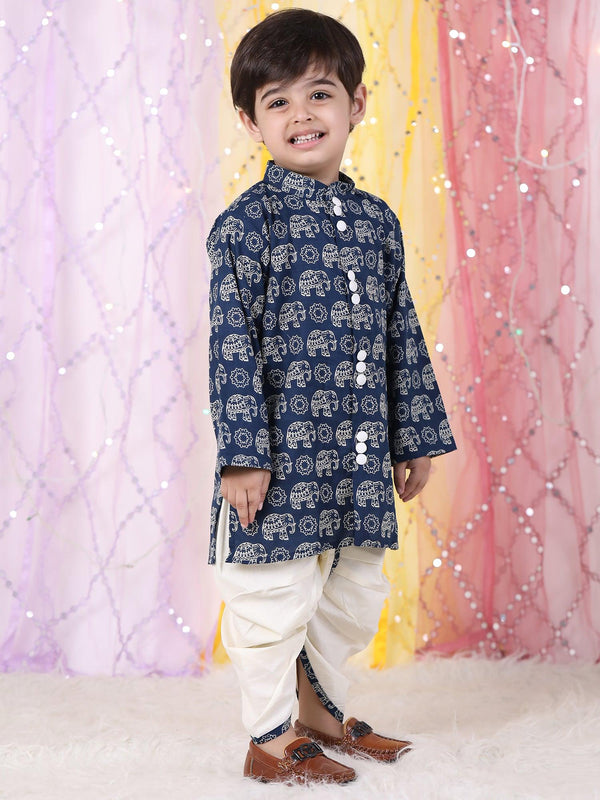 Polka Tots Full Sleeve Elephant print Kurta With Dhoti Set - Navy Blue