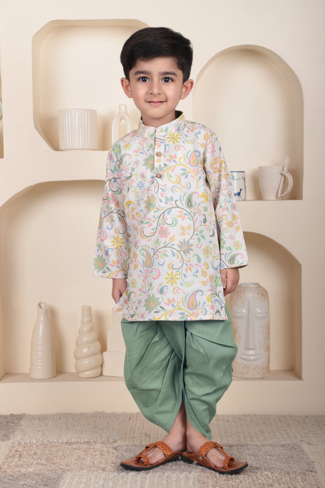 Polka Tots Full Sleeve Floral print Kurta With Dhoti Set - Green