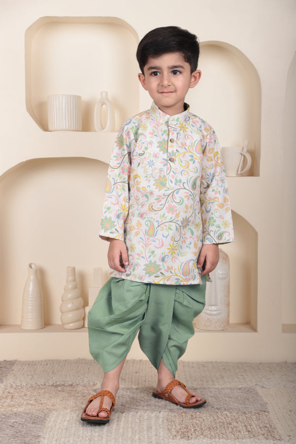 Polka Tots Full Sleeve Floral print Kurta With Dhoti Set - Green