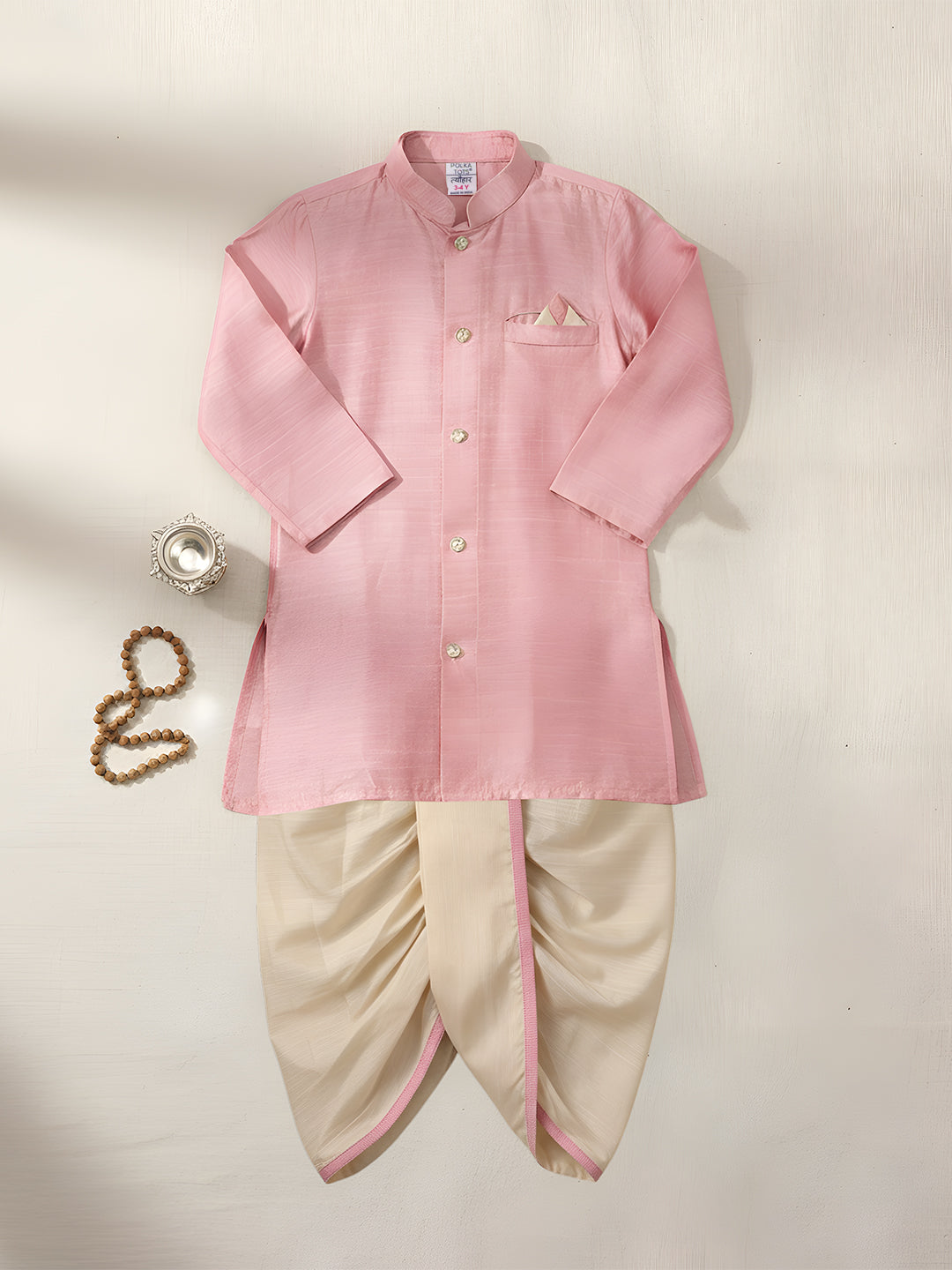 Polka Tots Full Sleeve Solid Kurta with Dhoti Set with Contrast Pocket - Pink