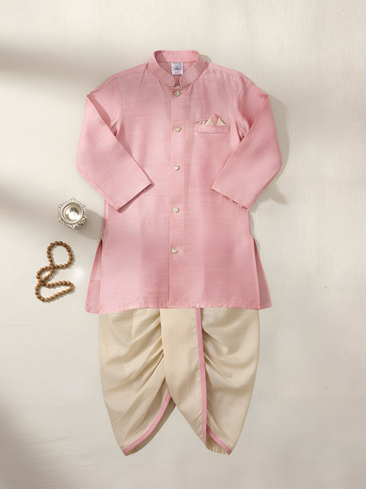 Polka Tots Full Sleeve Solid Kurta with Dhoti Set with Contrast Pocket - Pink