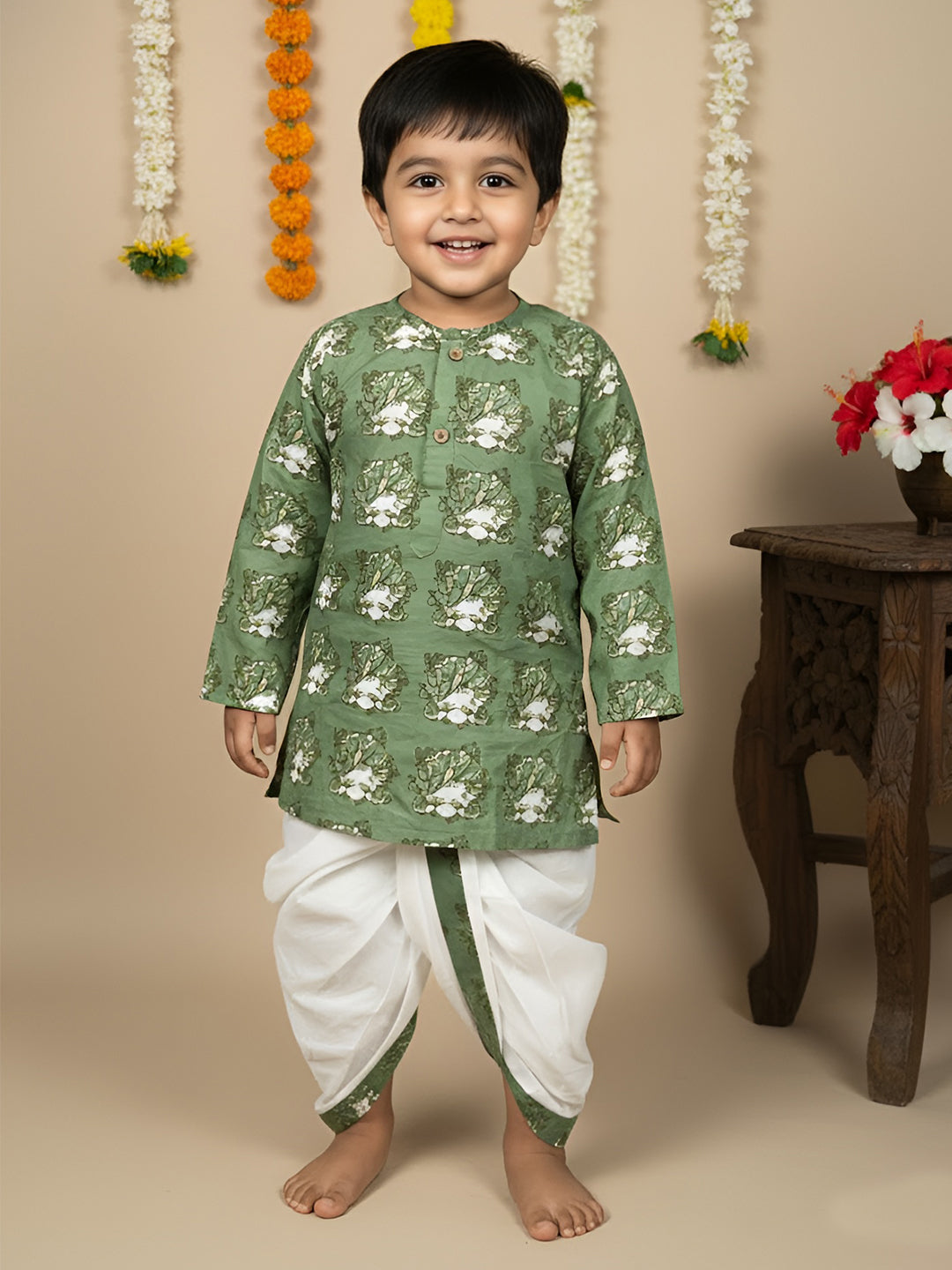 Polka Tots 100% Super Soft Cotton Tribal Print Full Sleeve Kurta With Dhoti Set - Green