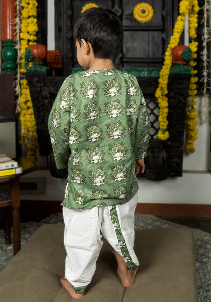 Polka Tots 100% Super Soft Cotton Tribal Print Full Sleeve Kurta With Dhoti Set - Green