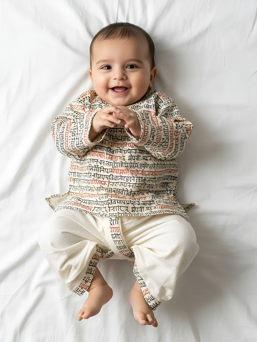 Polka Tots Full Sleeves Sanskrit Writing Print Kurta with Dhoti Set - Cream