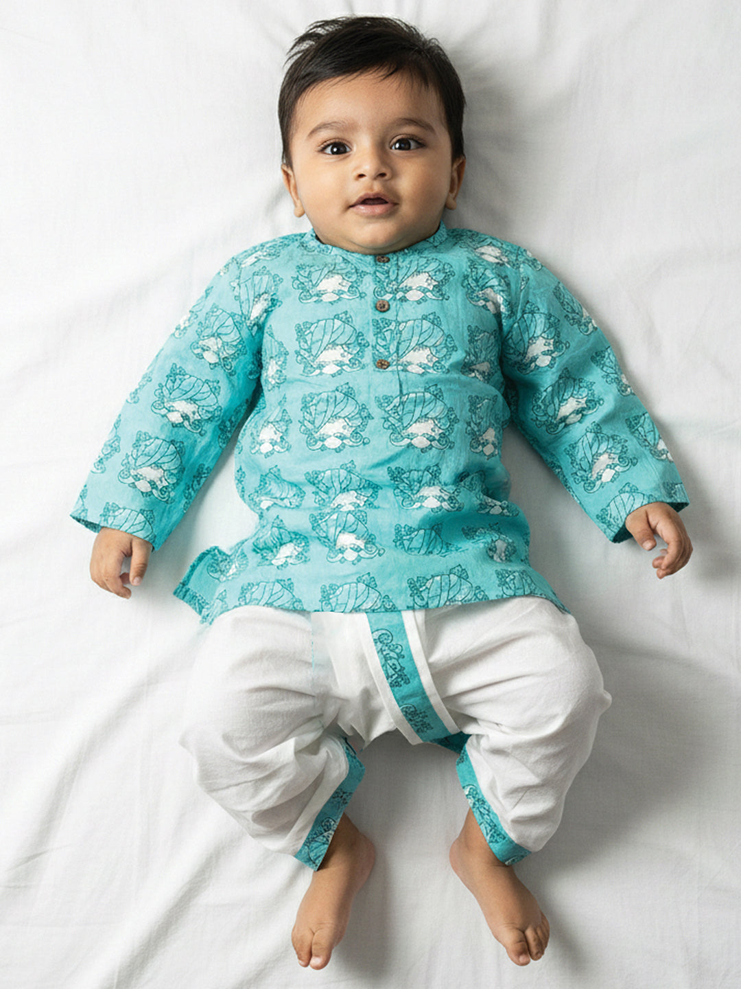 Polka Tots 100% Super Soft Cotton Tribal Print Full Sleeve Kurta With Dhoti Set - Sky Blue